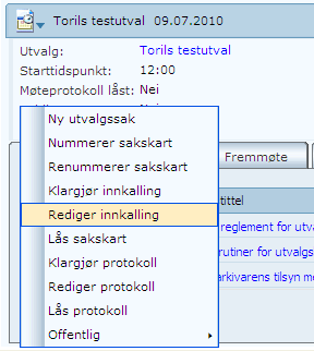 Lag møteinnkalling 1. Gå inn på riktig møte. 2. Klikk på menyikonet på sakskartfanen og velg Klargjør innkalling: 3. Klikk lukk i denne dialogboksen: 4.