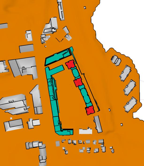 Disse tre husene er markert med rødt i Figur 1. Basert på arkitekturen og vinddata for området er vindkomfortkriterier undersøkt. Figur 1. Oversikt over foreslåtte alternativer.