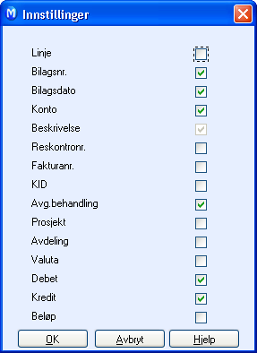 REGNSKAP Brukerinnstillinger for Hovedbok Via brukerinnstillingene i Bilagsliste og Kontoliste i Hovedbok kan du tilpasse hvilke kolonner som skal vises ved å merke av kolonnene.