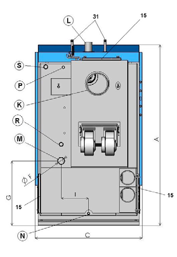 1. Kjelekropp 2. Dør for vedinnlegg 3. Dør for askeskuff 4. Ventilator - trykk - avtrekk 5. Varmebestandig stykke - dyse 6. Kontrollpanel 7. Sikkerhetstermostat for pumpe - 95 C(DC75SE) 8.