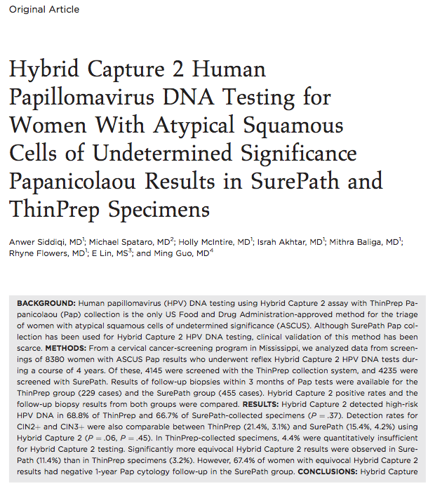 Klinisk studie 2, Siddiqi 2009 Design: Sammenlikning av HPV-positivitetsrater fra refleks HC2-test på TP (N=4145) og SP (4235) etter ASC-US pap resultat med oppfølgingsbiopsier (684).