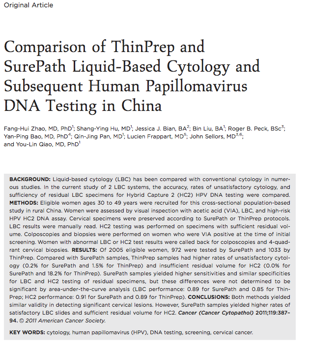 Klinisk studie 3, Zhao 2011 Design: 2005 kvinner; 1033 kvinner testet med TP og 972 med SP. Resultat: Sammenliknbar presisjon av HC2 for deteksjon av CIN2+ i hhv. TP og SP-medium.