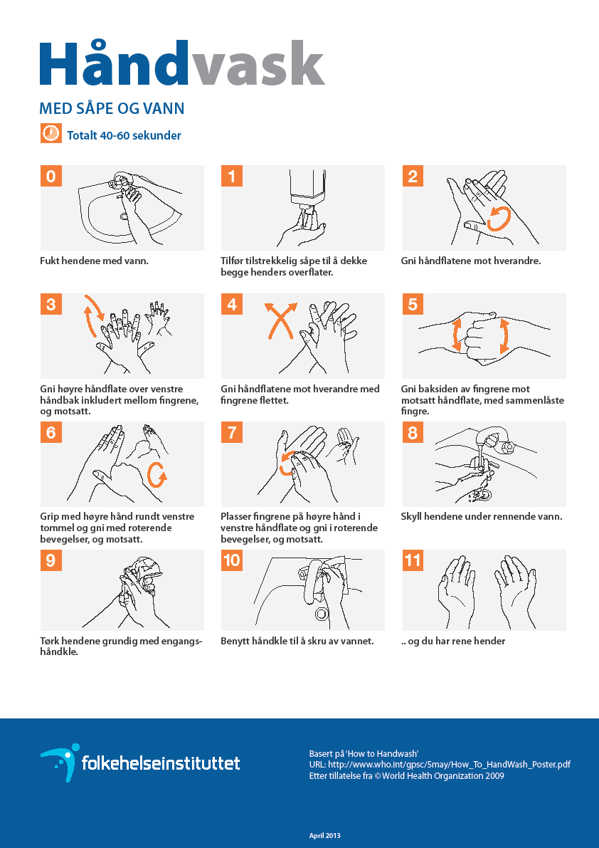 Hvordan utføre håndhygiene?, forts Ved håndvask: o fukt hendene o benytt en håndfull middel o fordel middelet godt over begge hender.