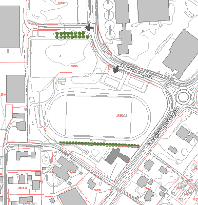 Analyse Mulige atkomstpunkter og parkering Pilene viser mulige atkomster, fra eksisterende tverrvei eller et eller annet sted langs Dyrskueveien, enten en eller begge steder.