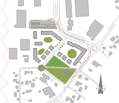 215m² for blokkene. Byvilla: 3 etg og gj.sn. størrelse 112,5m² gir 4.050m² BRA. Gj.sn. blokkleilighet på 70m² og fotavtrykk på 4.