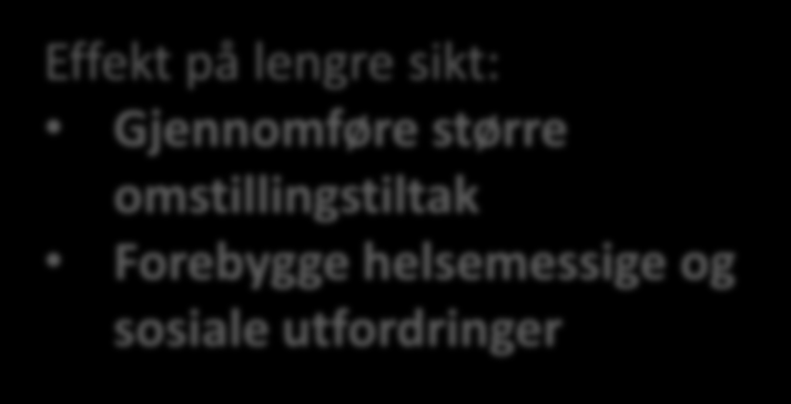 Handlingsrommet påvirkes på kort og lang sikt Økt økonomisk handlingsrom Effekt innenfor budsjettåret: Innføre/øke kommunale gebyrer 0-1 år Effekt innenfor budsjettåret: Effektivisering av drift med