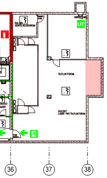 Som vist i Figur 2, er eksisterende administrasjonsbygning delt med brannvegg i akse 26.