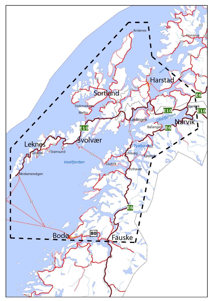 Godstransport Sjøtransport av gods Figuren viser godstransport over havner i regionen i 2009, angitt i 1000 tonn pr år. Over Narvik havn fraktes 12 15 mill. tonn jernmalm fra Kiruna.