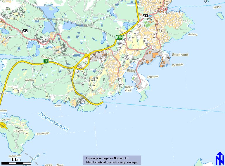 Kart over området, viser Langleland skule ved østre E39 skilt, og Leirvik skule ved fylkesvegskilt 544.