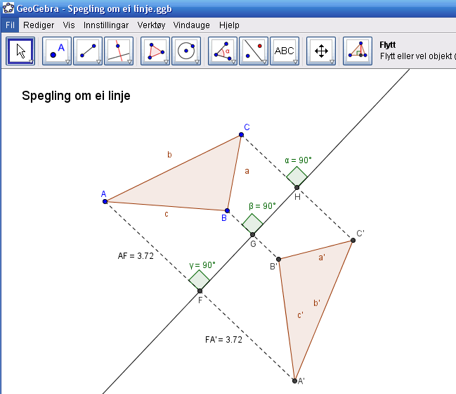 Vi ser godt at avstanden fra et punkt til speilingslinja er lik avstanden fra det speilte punktet til den samme linja.