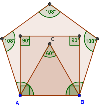 Gjenta dette med de samme startpunktene A og B for de andre mangekantene. (Elevene kan bruke GeoGebra som kalkulator og skrive 5*108 i inntastingsfeltet for å regne ut summen av vinklene i en femkant.