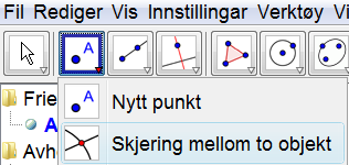 Klikk i punkt A, og lag et nytt linjestykke med fast lengde 4. Høyreklikk på dette punktet (som har fått navnet C), velg Gi nytt navn, og kall punktet F. Velg verktøyet Normal.