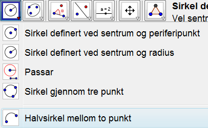 Finn skjæringspunktet mellom den nye normalen og normalen du lagde gjennom B. Kall skjæringspunktet for C. Velg verktøyet Vinkel med fast størrelse. Klikk i C og deretter i B.