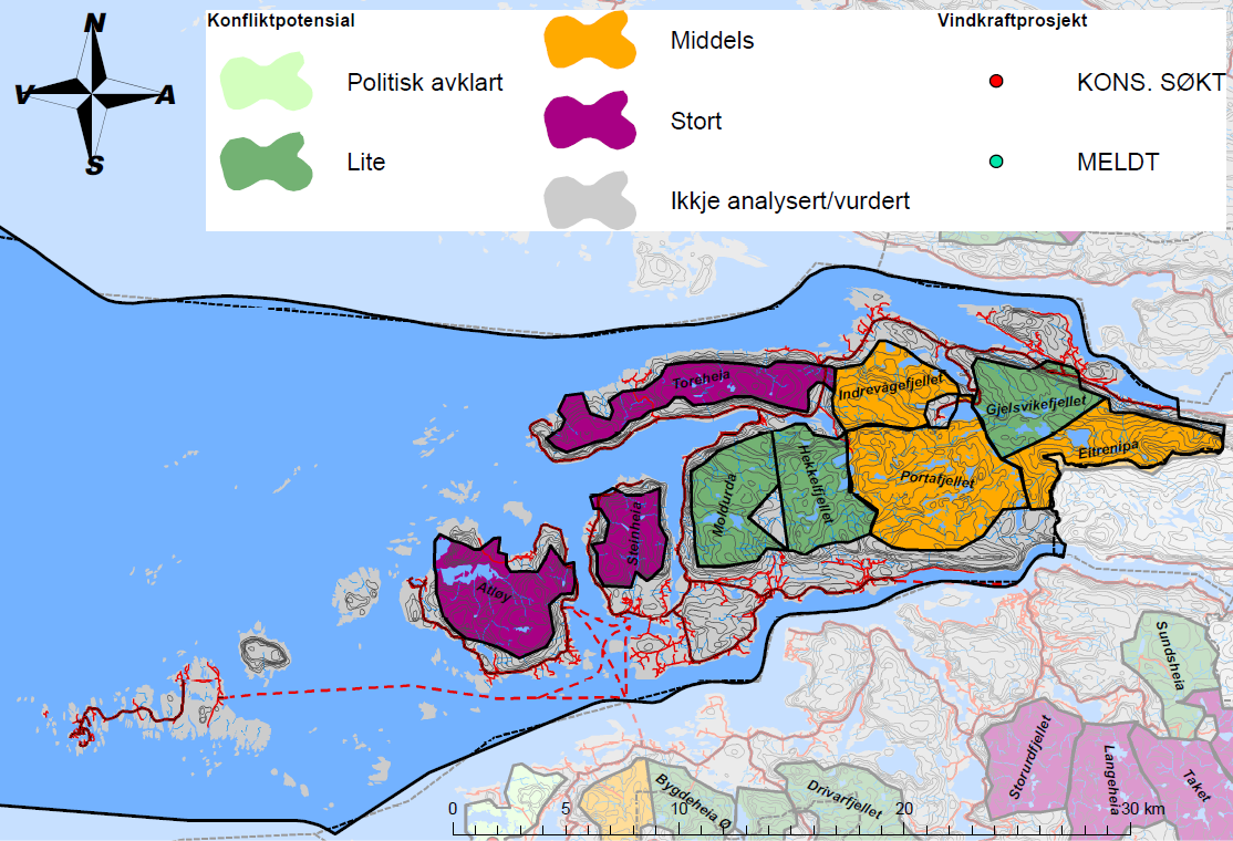 Figur 3.4.1 Samla konfliktpotensial; Askvoll 3.5 Fjaler-Åfjord Delområdet omfattar Fjaler kommunen samt nordlege delar av Hyllestad (nord for Hyllestadfjorden og Espeland) 3.5.1 Kartlagde verdiar Landskap Vilnesfjorden og Åfjorden er registrerte som landskapssamanhengar av regional verdi.
