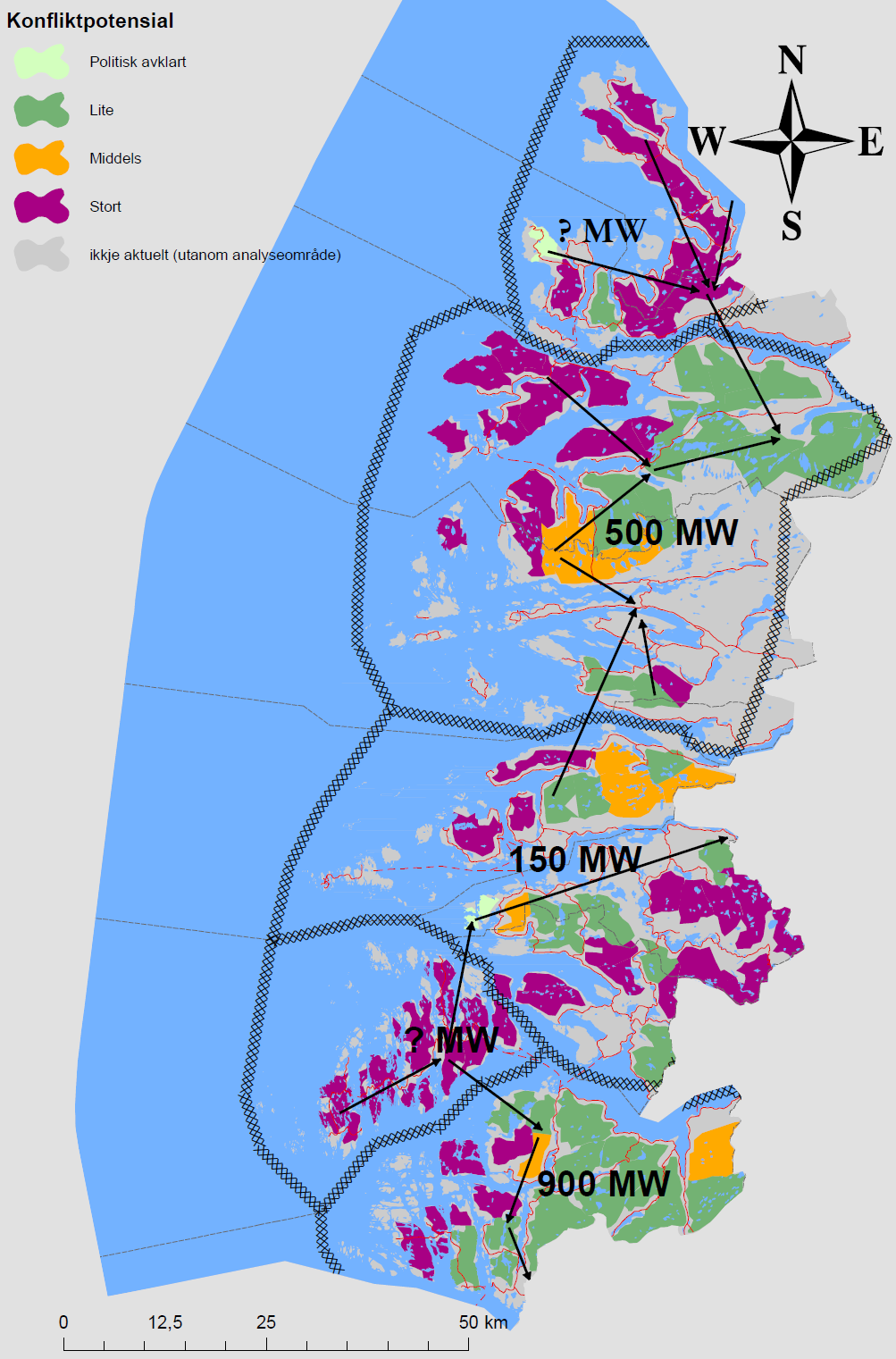 I området frå Selje til Flora kan det verte ein kapasitet på inntil 700 MW, men noko av denne kapasiteten fell vekk dersom det vert bygt vindkraft mellom Førdefjorden og Sognefjorden.