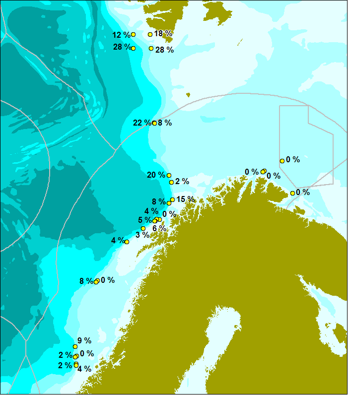 Overskridelser av kvikksølv i blåkveite Ved syv posisjoner langs eggakanten mellom Svalbard og Troms hadde 12-28 % av fisken kvikksølvkonsentrasjoner over 0.