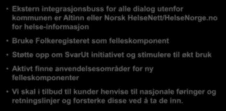 Felleskomponenter og EVRY sin tilnærming Ekstern integrasjonsbuss for alle dialog utenfor kommunen er Altinn eller Norsk HelseNett/HelseNorge.