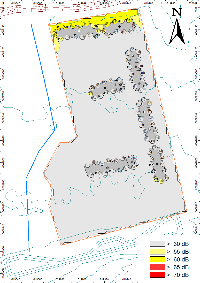 Figuren under viser støy på utendørs oppholdsareal og fasadenivåer for 2. etasje. Figur 6 - Støyberegning for byggetrinn 1.