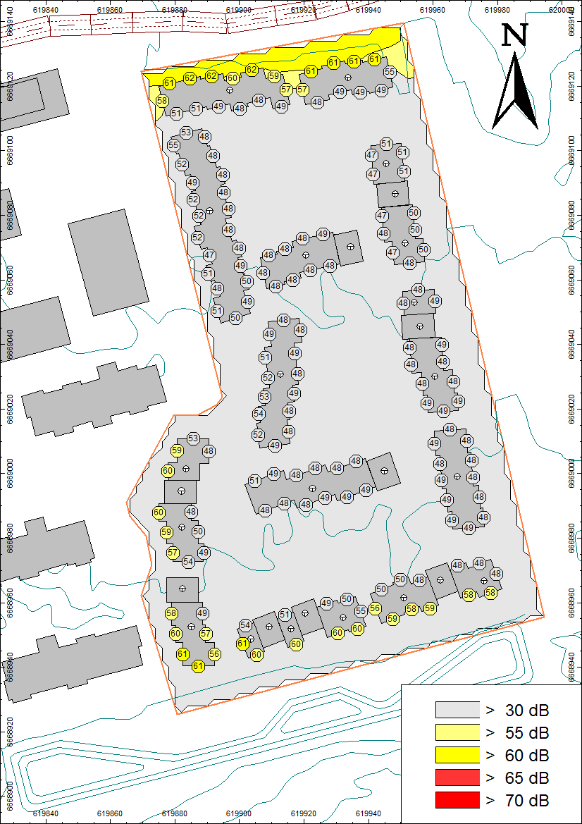 Figuren under viser fasadenivåer for 3. etasje. Figur 13 - Beregningene viser støy på utendørs oppholdsareal og støynivå ved fasade 3. etasje. Støynivået på utendørs oppholdsareal viser beregninger gjort i 1,5 m høyde.