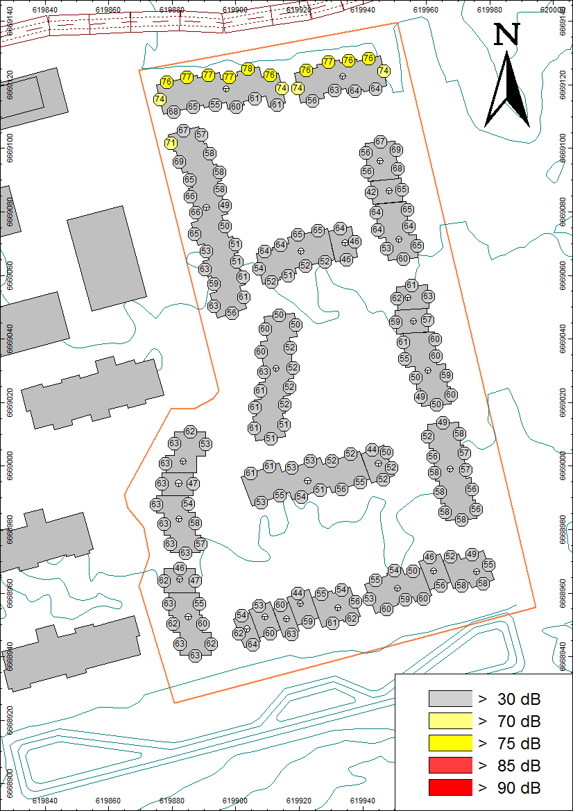 Vedlegg 3: Beregningsresultater, maksimalnivåer Figur 16 - Beregningsresultater for maksimalnivåer ved fasade med