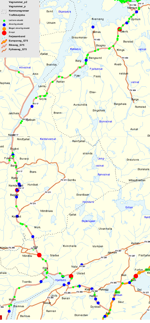 Figur 3: Registrerte trafikkulykker med personskader i perioden 1999-2006 (Kilde: Prosjektrapport rv 17 Steinkjer- Namsos og rv 720 Strømnestangen- Malm, Trøndelag forskning og utvikling 2009) Antall