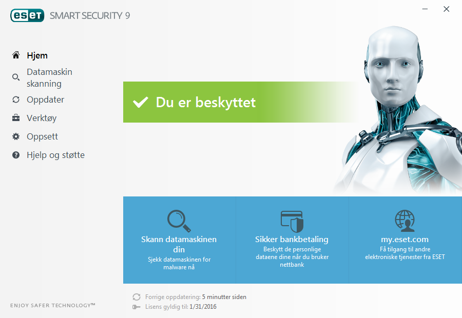 Delen Nyheter informerer deg om ESET-nyheter. Brukergrensesnitt Delen Hjem informerer deg om sikkerheten og gjeldende beskyttelsesnivå for datamaskinen.