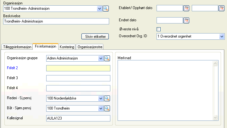 Dictionary - oppslag Systemadministrasjon System vedlikehold Dictionary Endre beskrivelse i feltet Navn til Organisasjon gruppe Kryss i feltet Kobles mot tekstkode Velg tekstkode type GRP.