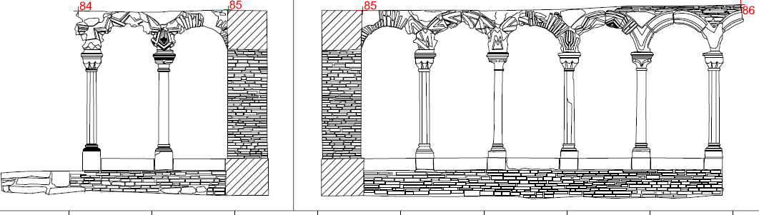 Tilstandsvurdering Lyse 2012 Klostergården Figur 174. Den mest dekorerte siden av arkaderekken er ved en feiltakelse gjenreist inn mot klostergården på Lyse.