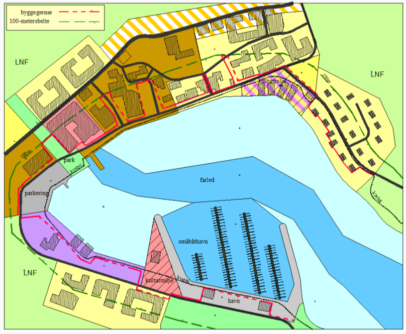 Figur 7 Eksempel på byggegrense i et tettsted I de fleste by- og tettstedsområder langs sjøen i Vestfold går det et bånd av boligbebyggelse langs sjøen med eiendommer og opparbeidete tomter til dels