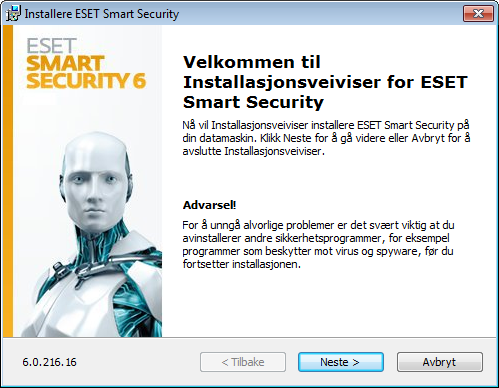 Installasjon ESET Smart Security inneholder komponenter som kan komme i konflikt med annen virusbeskyttelses- eller sikkerhetsprogramvare installert på datamaskinen.