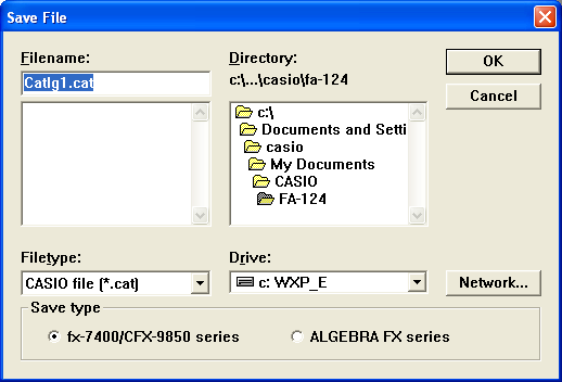 4. Overføre data mellom en datamaskin og en kalkulator i ALGEBRA FX-serien eller fx-7400/cfx-9850-serien 4. Lagre dataene som en fil. Velg [File] - [Save].