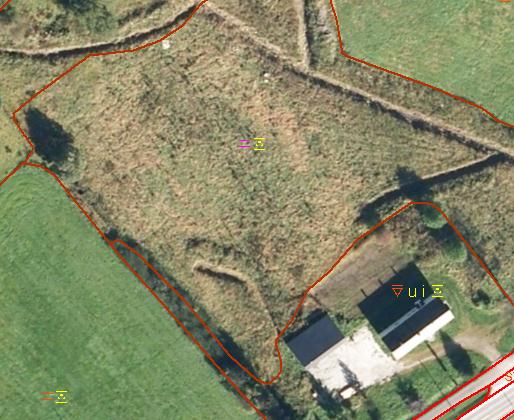 C) Figur tolket usikkert av Skog og landskap Zoom inn figur med rosa trekant i eiendom 156/2. (I den minste teigen i øst, nord for veien - se bilde nedafor.
