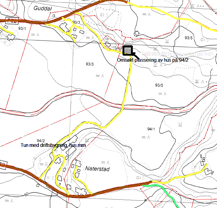 Side 5 Oversiktskart som lokaliserer eigedommen 94/2 og 93/5 i Guddal Arealstatus og strandsone Arealet er i kommunedelplanen avsett til LNF formål, der landbruk er viktigast.