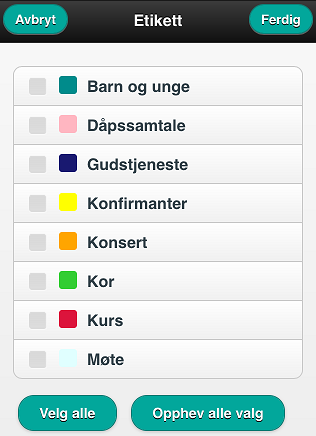 Filtrer visningen av avtaler på etiketter Du kan velge å filtrere hvilke avtaler du skal se i kalenderen etter hvilke etiketter avtalene har.