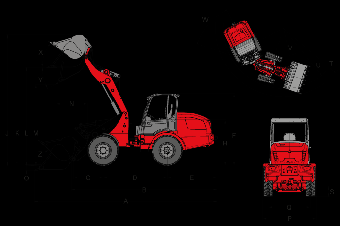 Dimensioner Standard dekk 10,0 / 75-15AS ET-5 A Total lengde 4.715 mm 4.715 mm B Total lengde (uten skuff) 4.022 mm 4.022 mm C Aksesenter til skuffedreiepunkt 675 mm 675 mm D Hjulavstand 1.