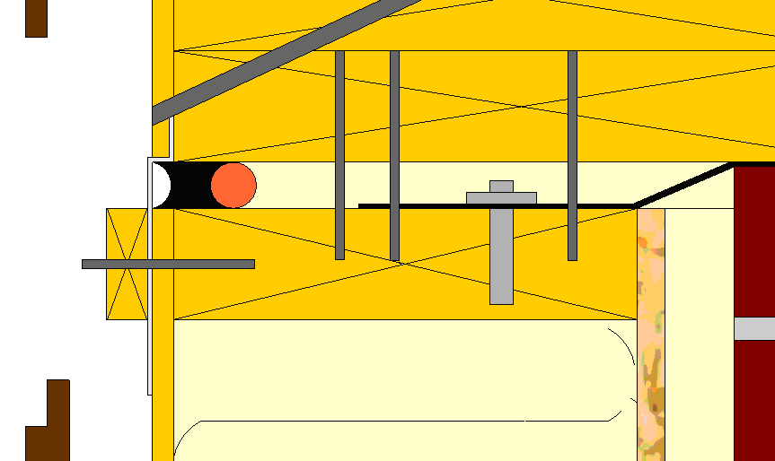 Figur 43 viser en innzoomet detalj av hvordan vindsperre fliken går fra elementet over og ut forbi fugen, mens det klemmes mot toppsvillen i det nederste elementet. Figur 43.
