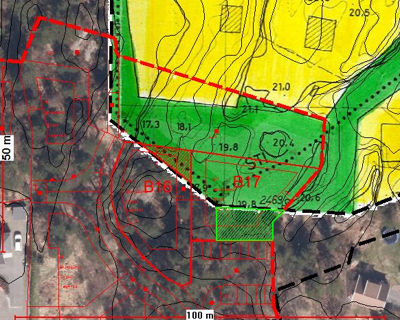 Vi mener utbyggers alternative forslag for B17 er bedre enn opprinnelig forslag. Her ivaretas terrenget og skråningen mot stien som går til hyttene.