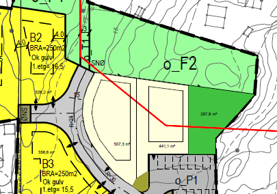 Innsendt planforslag for B17: Utbyggers alternative løsning for B17: Administrasjonens forslag: Nytt planforslag (røde linjer) er lagt oppå eksisterende reguleringsplan.