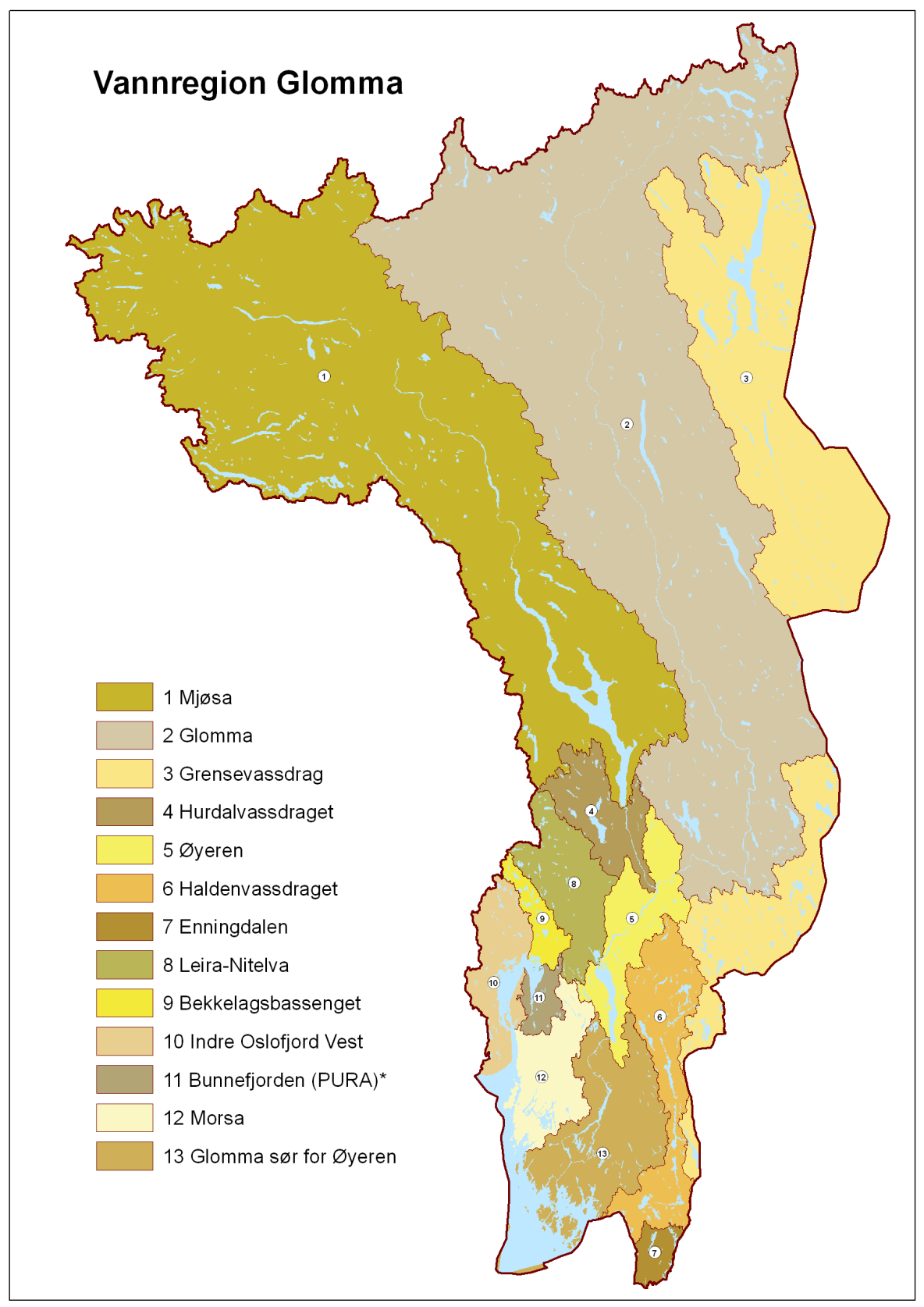 Vannregionene: Fra Tydal i nord til Fredrikstad i sør.