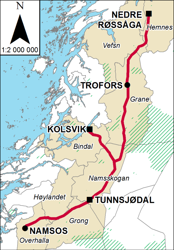 Spenningsoppgradering Nedre Røssåga- Namsos og Namskogan - Kolsvik Konsesjon gitt september 2014 Lengde : ca 230 km 4-5 stasjoner 13 km ny