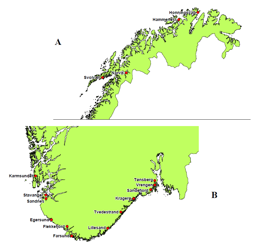 Eksperimentelt 22 Figure 3: Map of fjords and harbors where the cod were sampled from which liver samples were analysed for PFCs, HBCD and TBBPA.