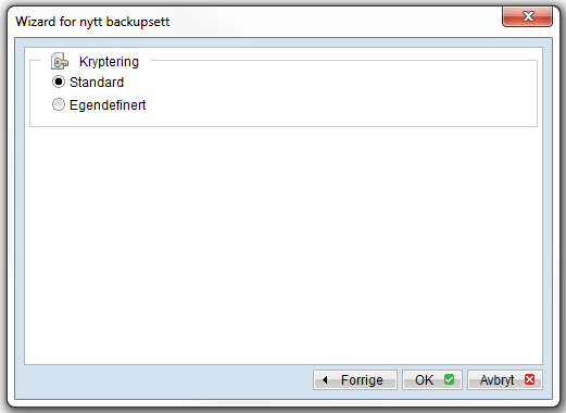 4. Det siste steget er å velge krypteringsmetode for backupsettet: Velg Standard for å gå videre med standardvalg, eller velg Egendefinert for å