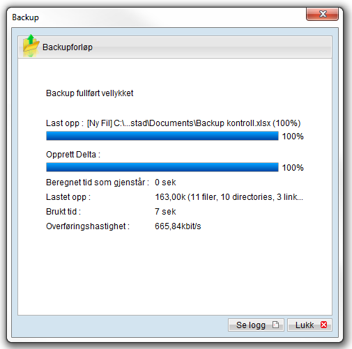 Denne boksen komme frem mens backup pågår: I loggvinduet kan vi se: - Hvor lang tid det er igjen - Hvor mye som er lastet ned -