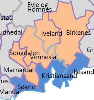 Kystkommunen: Søgne + Lillesand + Kristiansand Tjenester Gode muligheter for videre tjenesteutvikling Langstrakt geografi vil gi noen utfordringer Samfunnsutvikling Gode muligheter for positiv