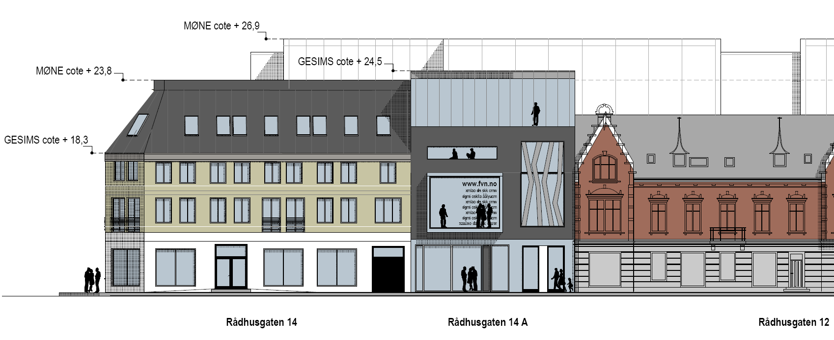 Byggehøyder på Rådhusgata 14 Rådhusgata 14 er ikke regulert til bevaring i Murbyplanen, og vil med hjemmel i denne kunne erstattes med nybygg med 10 m gesimshøyde (ca c+18) og 16 m mønehøyde (ca