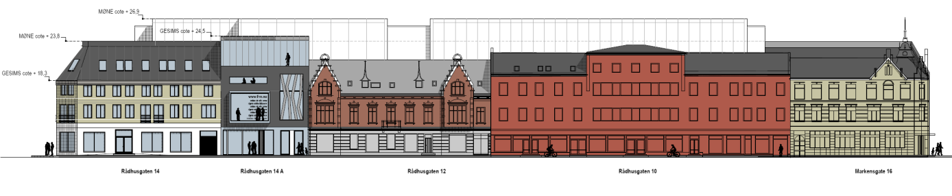 eksisterende fasade har blitt diskutert, men man har gått bort fra den idéen, fordi eksisterende fasade ikke vil fungere som en tydelig inngang til kvartalet.