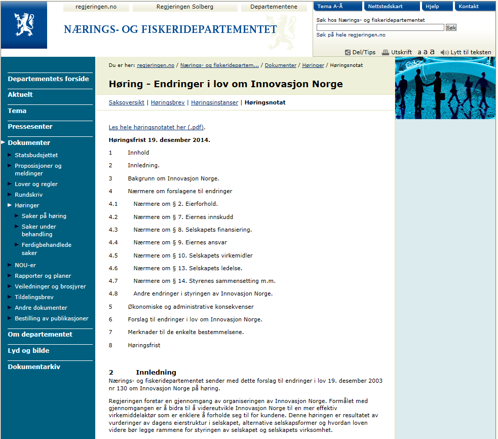Høring om loven om Innovasjon Norge Høringsdokumenter lagt ut på