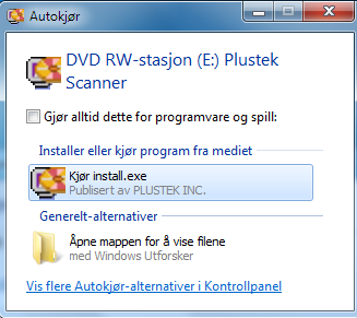 Installasjon av software på Windows 7 system. Når skanneren er koblet til PC-en vil denne meldingen komme. La den være.