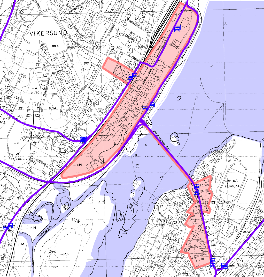 HANDELSANALYSE 6 (25) Fylkesdelplanens avgrensning av Vikersund distriktssenter. Illustrasjon: Buskerud fylkeskommune.