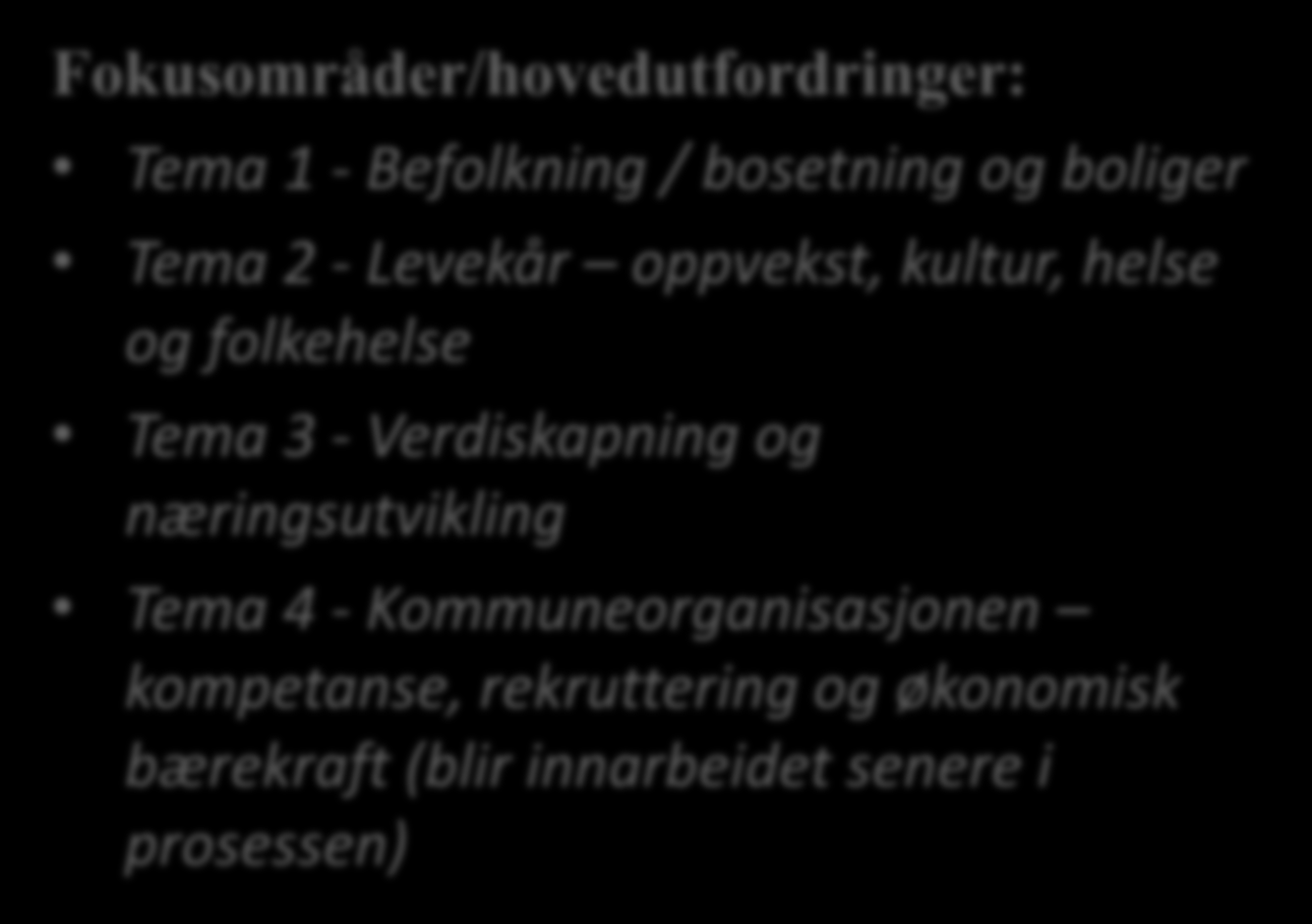 kultur, helse og folkehelse Tema 3 - Verdiskapning og næringsutvikling Tema 4 - Kommuneorganisasjonen